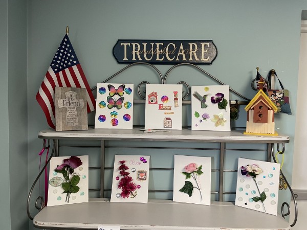 Handmade cards decorated with butterflies and flowers and a painted birdhouse on a white shelf beneath a TrueCare sign, beside an American flag